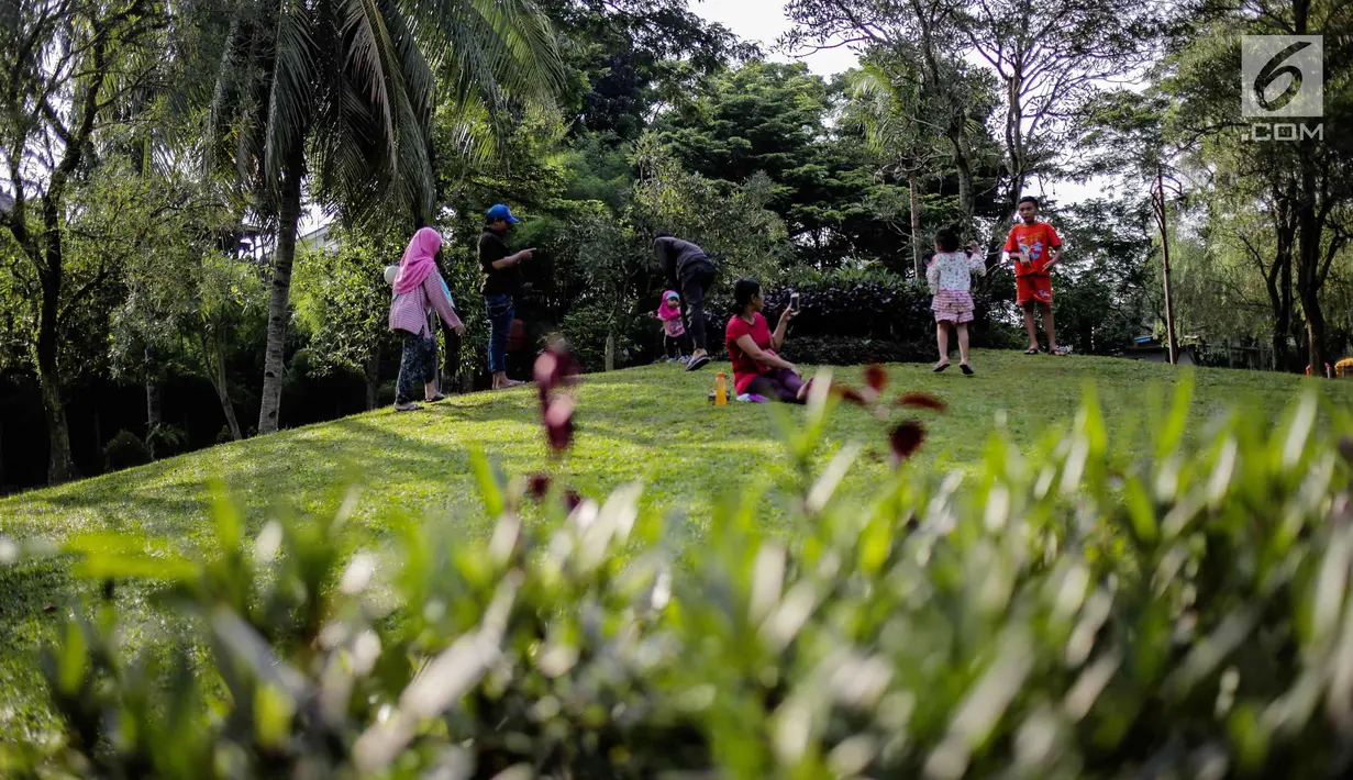 Sejumlah anak bermain di Taman Tabebuya, Jagakarsa, Jakarta, Kamis (14/3). Dinas Kehutanan DKI Jakarta menganggarkan Rp 130 miliar untuk membangun 53 Taman Maju Bersama (TMB) di tahun 2019. (Liputan6.com/Faizal Fanani)