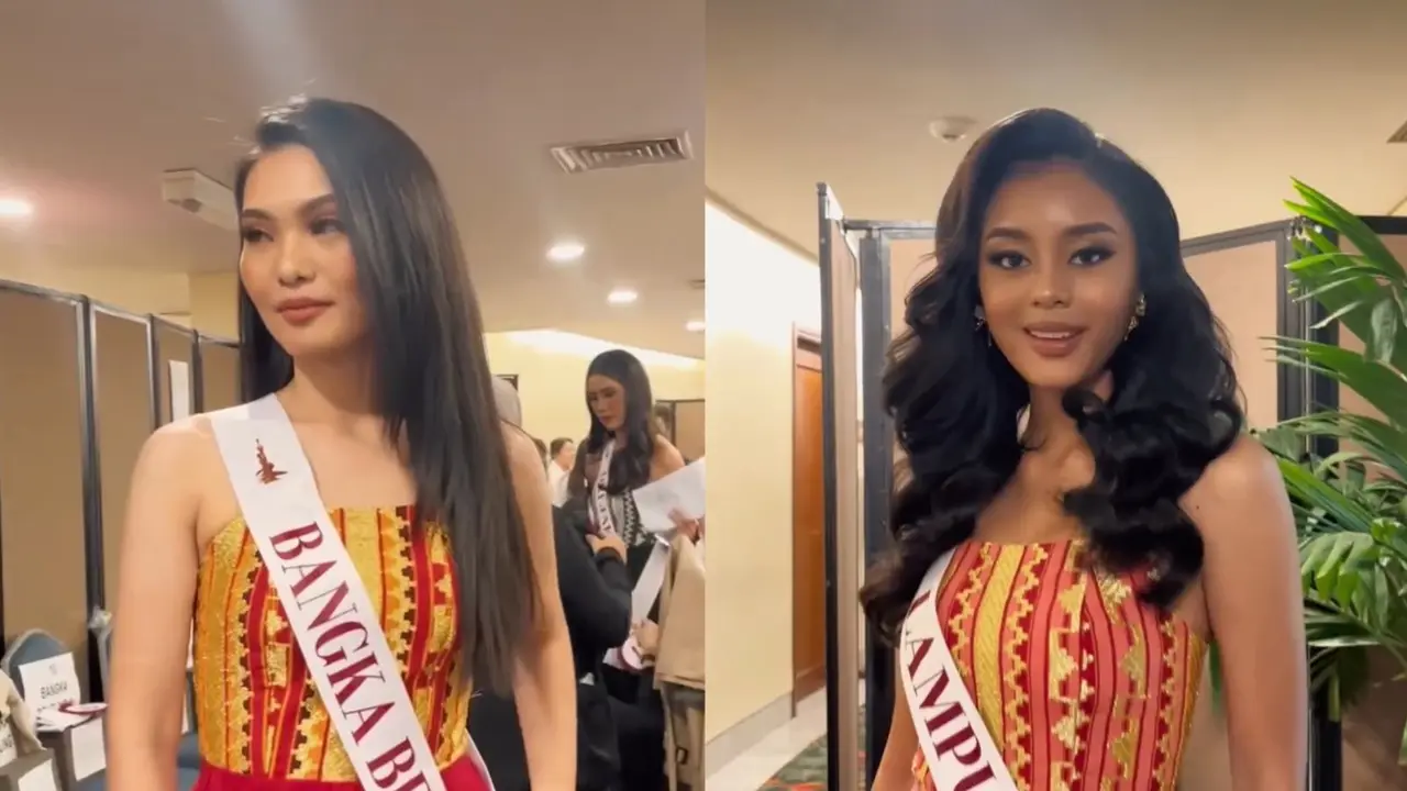Dua dari 45 finalis Puteri Indonesia 2023 memakai gaun dengan sentuhan kain tapis khas Lampung