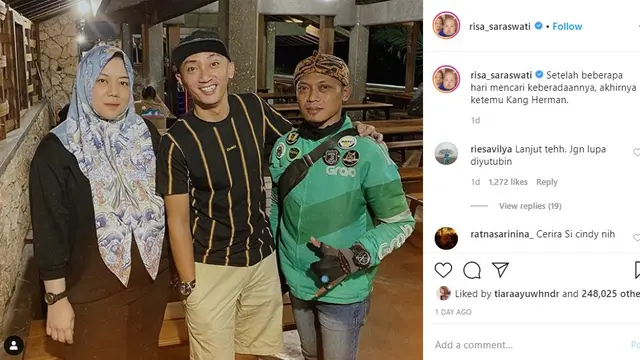 Pencarian Risa Saraswati terhadap Maman membuahkan hasil. (https://www.instagram.com/p/CBVeObfDIWV/)