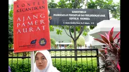 Massa HTI membawa spanduk bertuliskan "Kontes Kecantikan Ajang Pamer Aurat" saat berunjuk rasa di depan kantor Kementerian Pemberdayaan Perempuan, Jakarta, Jumat (20/2/2015). (Liputan6.com/Herman Zakharia)