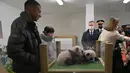 Bintang Paris Saint-Germain, Kylian Mbappe dinobatkan sebagai ayah baptis untuk dua ekor anak panda kembar yang baru lahir di kebun binatang Prancis, Kamis (18/11/2021). (AFP/Guillaume Souvant)