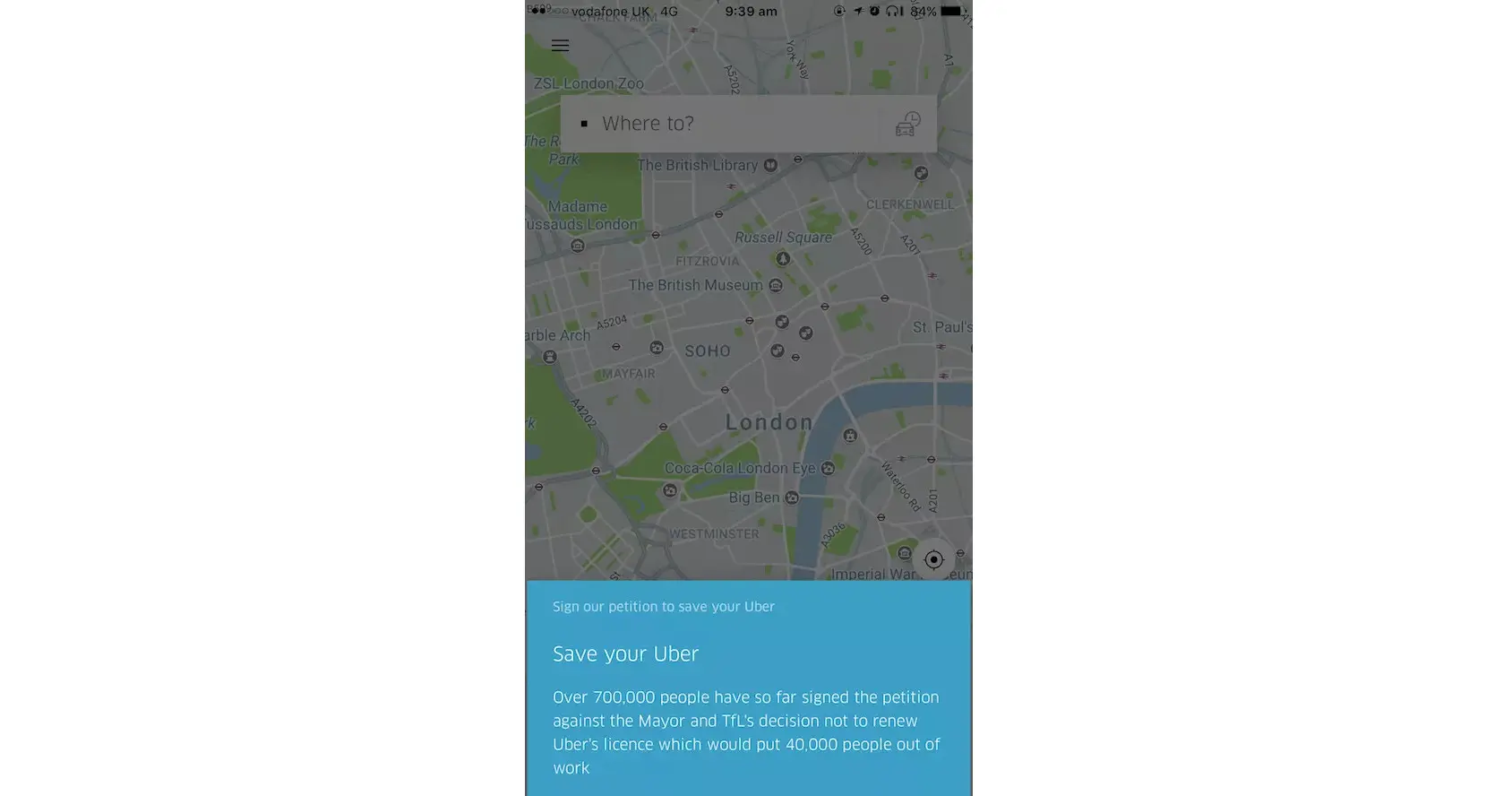 	Uber mengajak pengguna di London untuk menandatangani petisi menolak keputusan otoritas transportasi London yang mencabut izin operasi Uber (Sumber: The Verge)