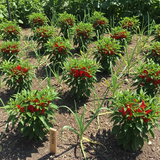 Desain Kebun Cabai Rawit Kombinasi Bawang Putih dan Bawang Merah (AI)