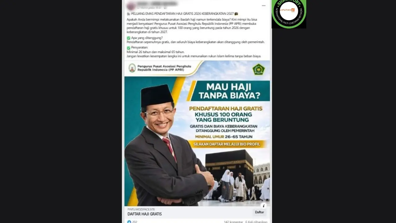 Cek Fakta Liputan6.com mendapati klaim link pendaftaran haji gratis 2026 untuk keberangkatan 2027.