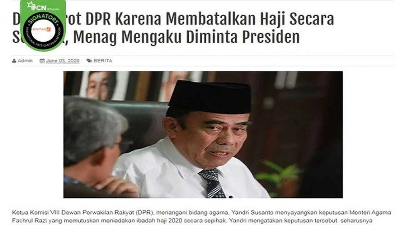 Gambar Tangkapan Layar Berita Tentang Pembatalan Haji 2020