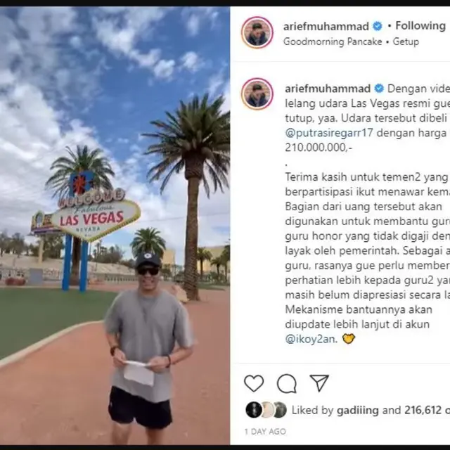 Udara Leas Vegas Terjual Rp200 Juta, Arief Muhammad Bantu Guru Honorer