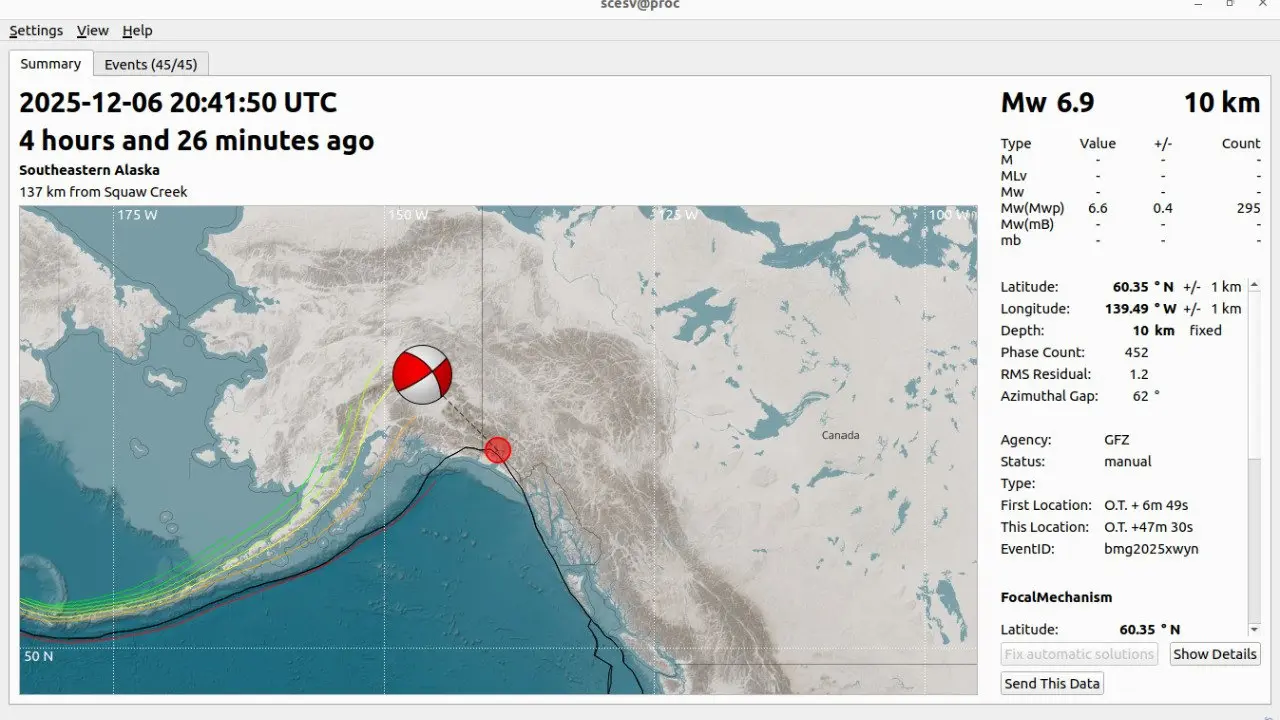 Gempa magnitudo 7,0 mengguncang sebuah wilayah terpencil di dekat perbatasan antara Alaska dan teritori Kanada, Yukon, pada hari Sabtu (6/12/2025) atau hari Minggu (7/12) pukul 03.41 WIB.