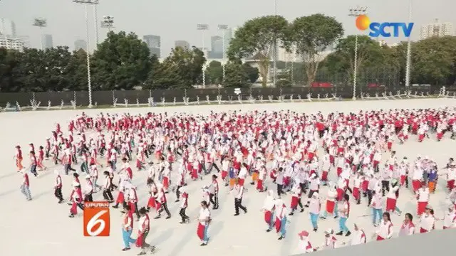 Ribuan penari menggelar latihan di kawasan Gelora Bung Karno jelang pembukaan Asian Games 2018.