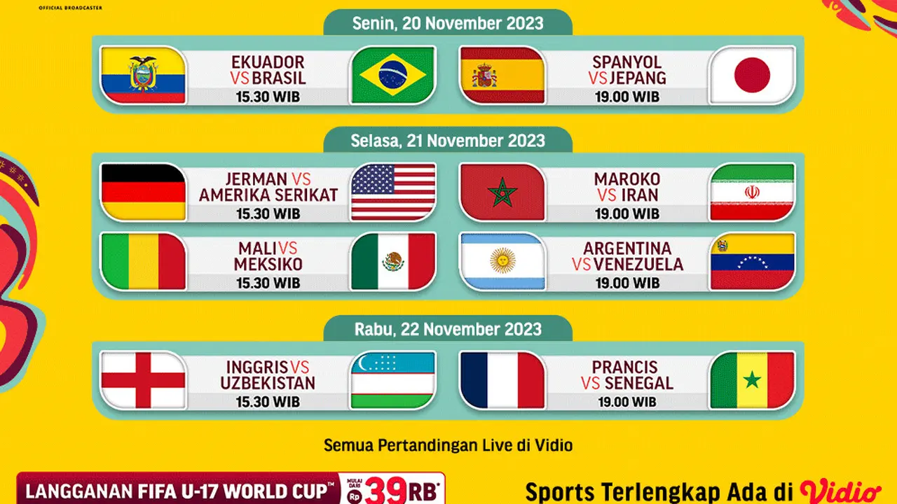 Jadwal Siaran Langsung Piala Dunia U-17 2023 Babak 16 Besar di Vidio
