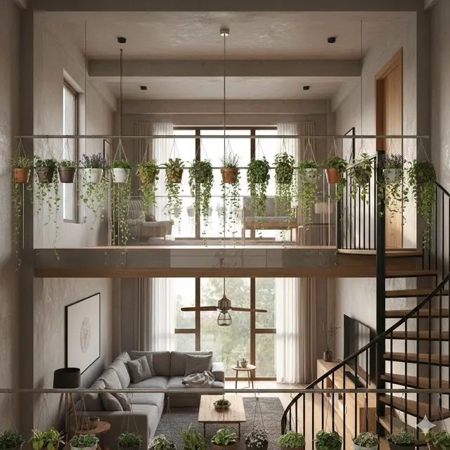 Taman Gantung di Railing Mezzanine (Gemini AI)