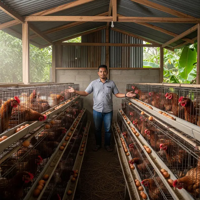 Ternak ayam petelur dengan kandang baterai skala rumahan (Gemini AI)