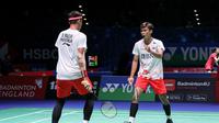 Ganda putra Indonesia Bagas Maulana/Muhammad Shohibul Fikri mengalahkan&nbsp;pasangan veteran asal Korea Selatan Kim Gi Jung/Kim Sa Rang pada laga pembuka All England 2023 di&nbsp;Utilita Arena Birmingham, Inggris, Selasa (14/3) sore WIB. (foto: PBSI)
