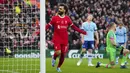 Pemain Liverpool, Mohamed Salah, melakukan selebrasi setelah mencetak gol ke gawang Brentford pada laga pekan ke-12 Liga Inggris 2023/2024 di Stadion Anfield, Minggu (12/11/2023). Pemain asal Mesir itu berhasil mencetak dua gol dari sudut sempit yang merupakan ciri khasnya. (AP Photo/Jon Super)