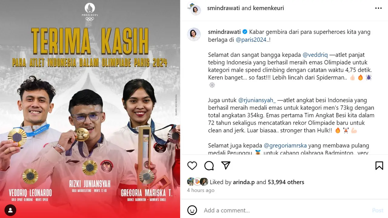 Veddriq Leonardo Cs Sumbang Medali di Olimpiade Paris 2024, Sri Mulyani: Selamat dan Terima Kasih