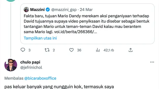 Cuitan Jefri Nichol soal Mario Dandy. (Foto: Dok. Twitter @jefrinichol)