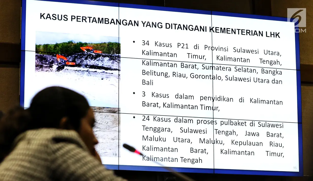 Data kasus pertambangan yang ditangani Kementerian Lingkungan Hidup dan Kehutanan (KLHK) ditunjukkan saat rapat kerja di Gedung DPR, Jakarta, Rabu (15/5/2019). Rapat ini juga membahas tentang penanggulangan sampah plastik dan isu-isu tentang lingkungan serta pemanfaatannya. (Liputan6.com/JohanTallo)