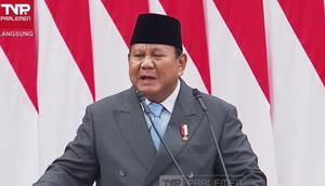 Presiden Prabowo Subianto dalam pidato kenegaraan dalam rangka penyampaian pengantar/keterangan atas RUU tentang APBN tahun Anggaran 2026 beserta nota keuangan dan dokumen pendukungnya di gedung DPR/MPR, Jakarta. (Tangkapan layar Youtube DPR).
