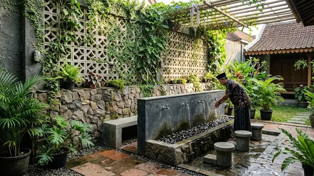 Desain Tempat Wudhu Rumah dengan Dinding Roster/AI Generated