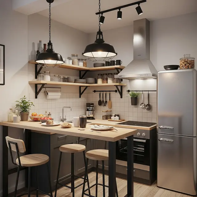 Dapur Kecil dengan Rak Terbuka dan Warna Netral (Image by Gemini AI)