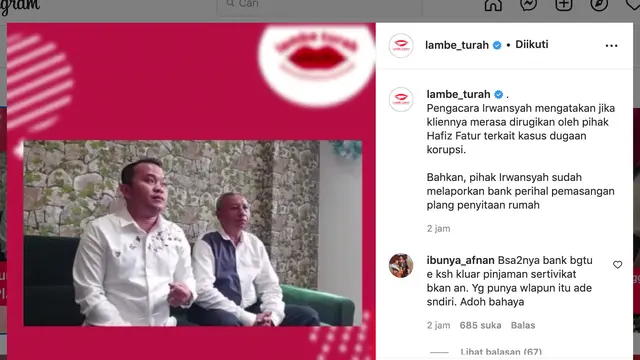Unggahan akun Instagram Lambe Turah soal konflik Irwansyah dan Hafiz Fatur. (Foto: Dok. Instagram @lambe_turah)
