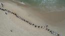 Orang-orang membuat garis di sepanjang pantai Copacabana pada Hari Laut Sedunia di Rio de Janeiro, Brasil, Rabu (8/9/2022). Organisasi Route Brasil menyerukan agar orang-orang berkumpul untuk acara yang diberi nama "Pelukan Itu," dan untuk memungut sampah di pantai, untuk menarik perhatian pada pencemaran laut. (AP Photo/Silvia Izquierdo)