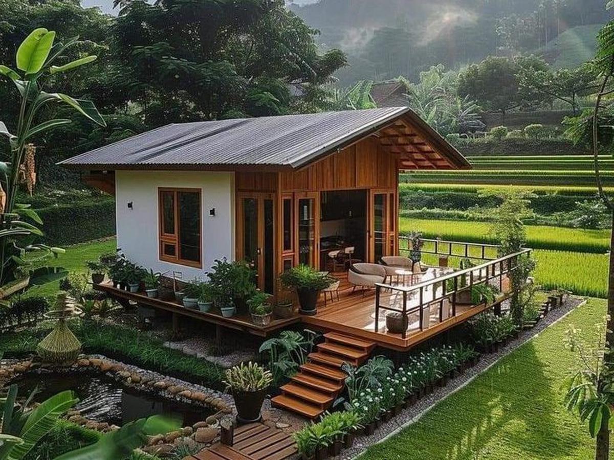Desain Rumah Kayu dengan Dua Kombinasi Kayu yang Berbeda
