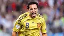 Spanish midfielder Xavi Hernandez celebrates after scoring the opening goal during the Euro 2008 championships semi-final football match Russia vs. Spain on June 26, 2008 at Ernst-Happel stadium in Vienna, Austria. AFP PHOTO / JOE KLAMAR