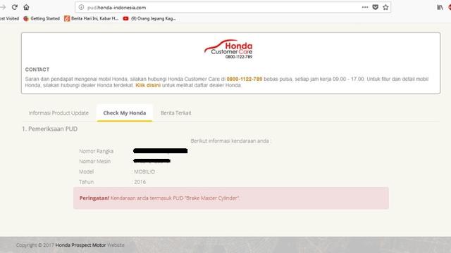 Cara mengetahui mobil Honda kena recall atau tidak.