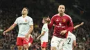 Pemain Manchester United, Christian Eriksen, melakukan selebrasi setelah mencetak gol ke gawang FC Twente pada matchday 1 Liga Europa 2024/2025 di Old Trafford, Kamis (26/9/2024) dini hari WIB. (AP Photo/Dave Thompson)