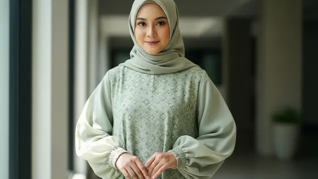 Gamis Batik Sage Organza Lengan Balon