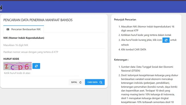 Tangkapan Layar Website Cek Bansos Kemensos (Capture cekbansos.kemensos.go.id)