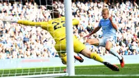 Penyerang Manchester City asal Norwegia, Erling Haaland (nomor punggung 9), mencetak gol kelima timnya dalam pertandingan Liga Inggris antara Manchester City dan Sunderland di Stadion Etihad, Manchester, Inggris barat laut, 20 September 2026. (PETER POWELL/AFP)