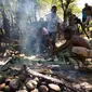 Membakar ulat pohon sagu menggunakan batu, upaya mempertahankan nilai gizi dalam ulat. (foto : Liputan6.com/khatarina janur)