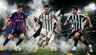 Ilustrasi bursa transfer. Robert Lewandowski, Dusan Vlahovic, dan Sandro Tonali. (Foto by Gemini AI)