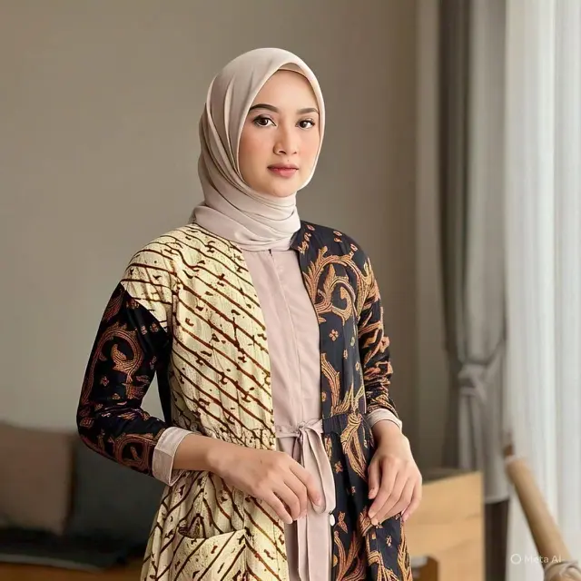 Gamis Batik Kombinasi Polos dengan Aksen Cardy