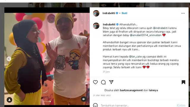 Perayaan ultah Indra Bekti ke-45 bersamaan dengan sang putri kedua Amabell (Foto: IG indrabekti)