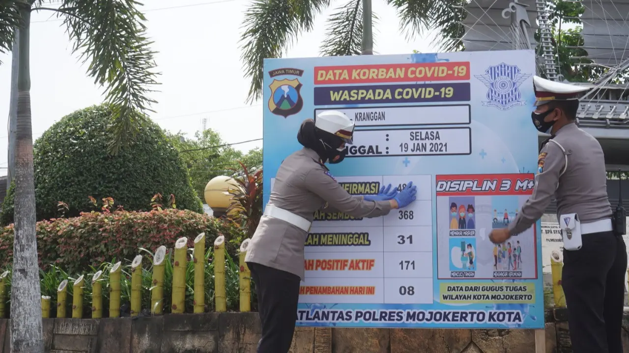 Petugas kepolisian Mojokerto memasang data Covid-19. (Ist).