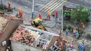 Para pekerja membersihkan puing-puing setelah tornado menghantam kota Suqian, di provinsi Jiangsu, China pada 20 September 2023. (AFP/China OUT)