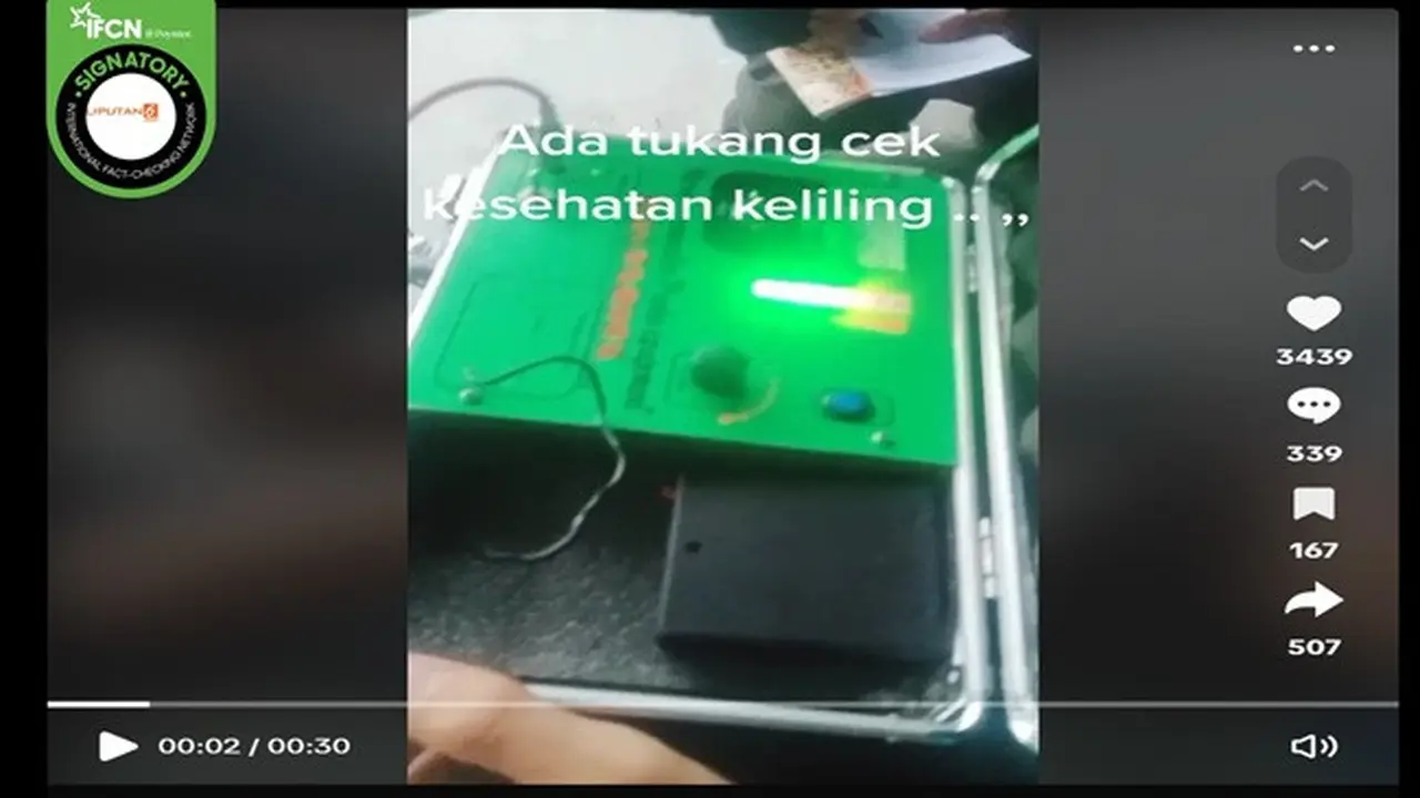 Gambar tangkapan layar kabar tentang alat mirip amperemeter bisa digunakan untuk mengecek kesehatan. (sumber: Facebook)