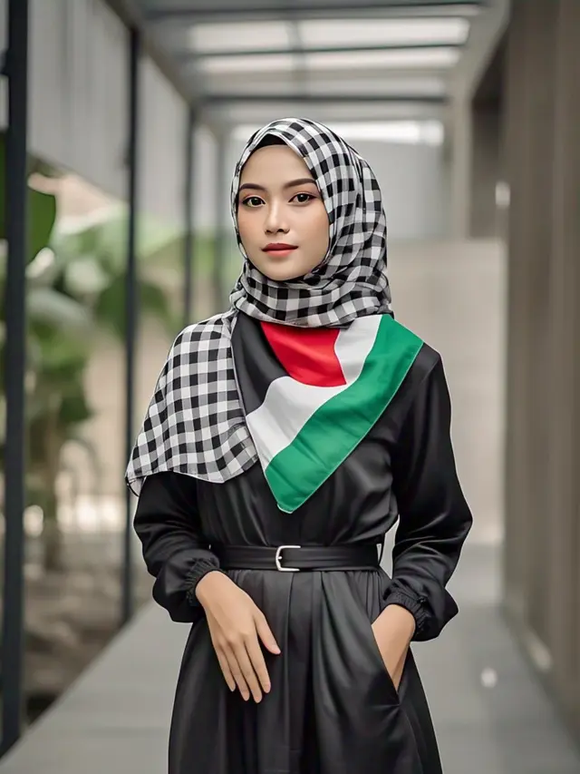 Kombinasi Gamis Hitam dan Hijab Palestina 2025