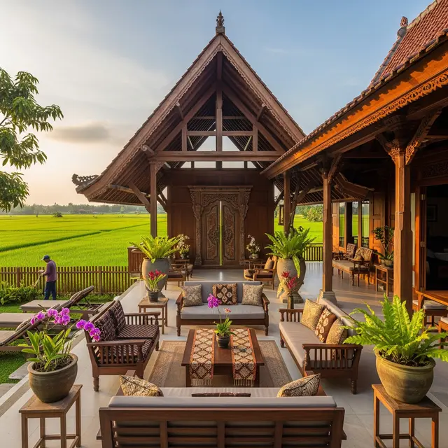 Desain Rumah Pedesaan dengan Teras Lebar Menghadap Sawah (Gambar: Gemini AI)