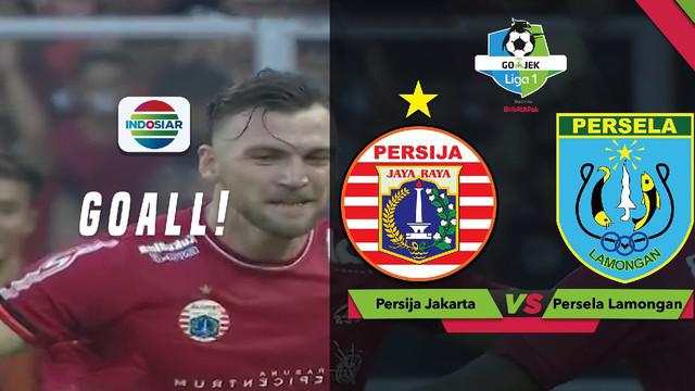 Marko Simic melakukan selebrasi ala Cristiano Ronaldo usai mencetak gol ke gawang Persela Lamongan dalam lanjutan Gojek Liga 1 2018 bersama Bukalapak, Selasa (20/11/2018).