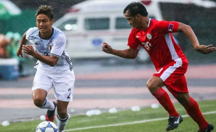 Timnas Jepang U-22 vs Timnas Filipina U-22 di laga pertama penyisihan Grup J kualifikasi Piala AFC U-23 di Olympic Stadium, Phnom Penh, Rabu (19/7/2017). (Bola.com/AFC)