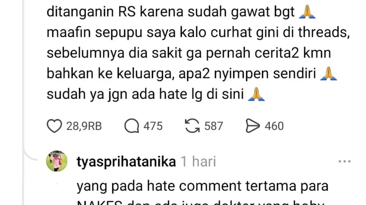 Curhatan pasien diduga terlambat ditangani tenaga kesehatan hingga meninggal dunia. (tangkapan layar percakapan di media sosial).