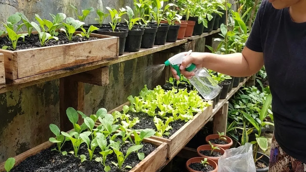 Menyiram sayur yang ditanam dengan arang sekam (Gemini AI)