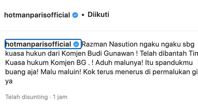 Unggahan Hotman Paris soal Razman Arif Nasution. (Foto: Dok. Instagram @hotmanparisofficial)
