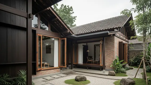 Desain Rumah Desa Nuansa Japandi Pakai Kayu dan Bata Ekspos/Gemini AI