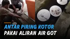 Aksi nyeleneh dipertontonkan pemuda yang bertugas membereskan piring kotor hajatan.
