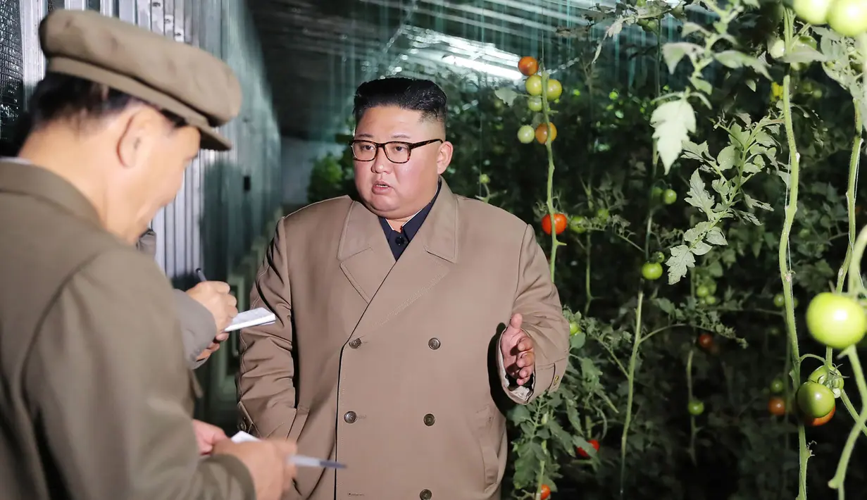 Pemimpin Korea Utara Kim Jong-un berbicara dengan ajudannya  saat mengunjungi Jungphyong Vegetable Greenhouse Farm and Tree Nursery yang sedang dibangun di Kyongsong, Korea Utara, Jumat (18/10/2019). Kunjungan tersebut untuk memastikan pasokan makanan stabil. (KCNA VIA KNS/AFP)
