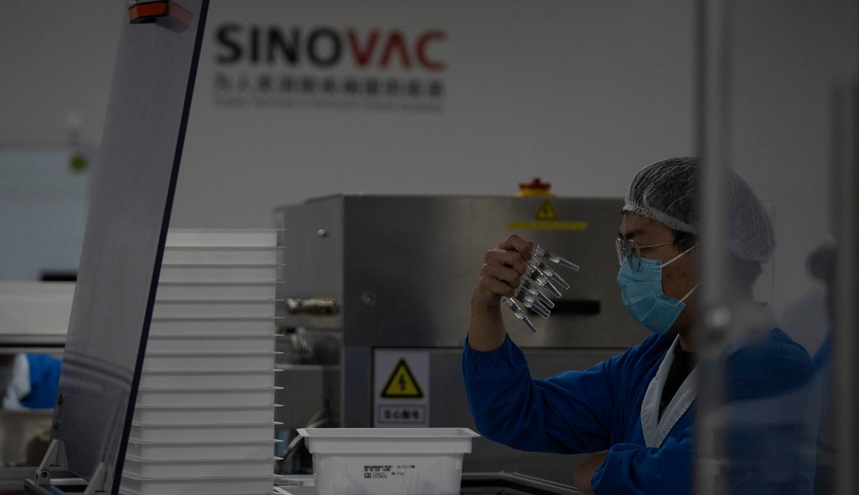 Pekerja memeriksa jarum suntik Vaksin CoV-2 SARS untuk COVID-19 yang diproduksi di pabrik vaksin SinoVac di Beijing, Kamis (24/9/2020). Perusahaan farmasi China, Sinovac mengatakan vaksin virus corona yang dikembangkannya akan siap didistribusikan ke seluruh dunia awal 2021. (AP Photo/Ng Han Guan)